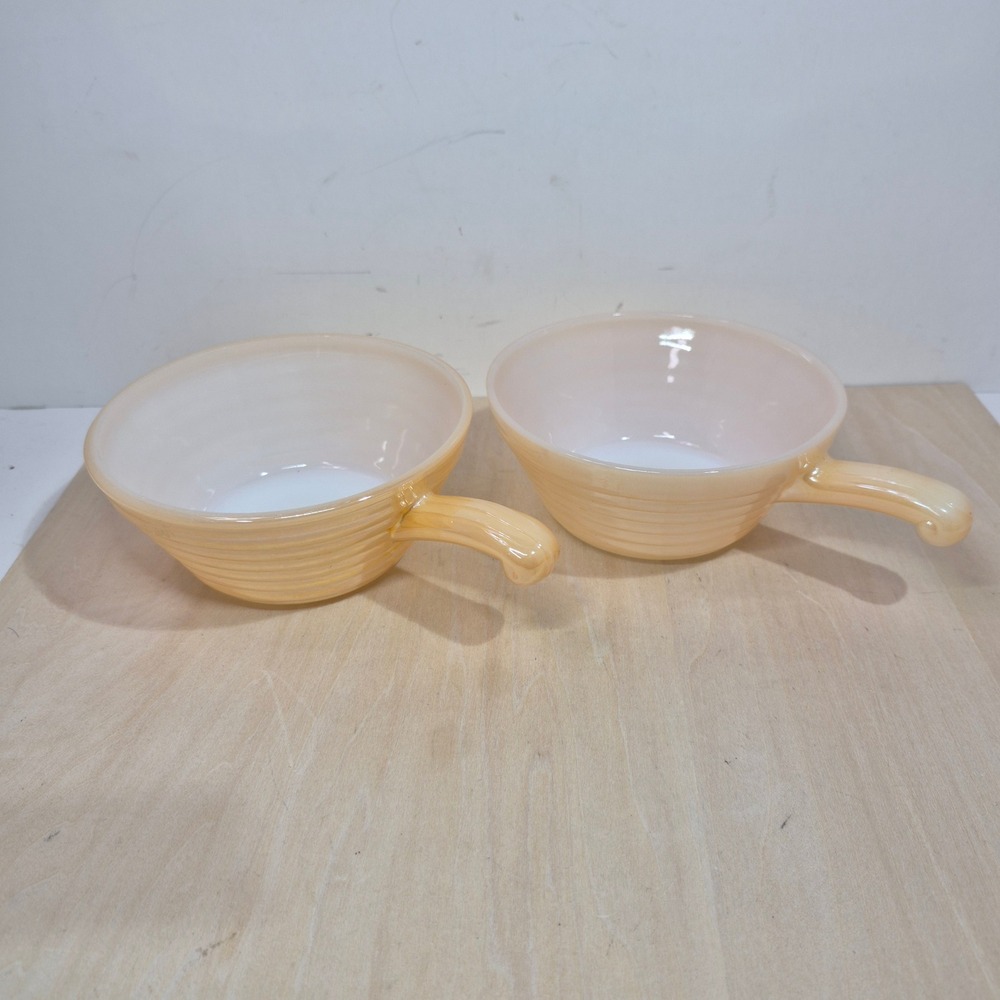 Vintage‎ Fire-King Peach Lustre Chili Bowls Set of 2 Ribbed Milk Glass 5 Inch
